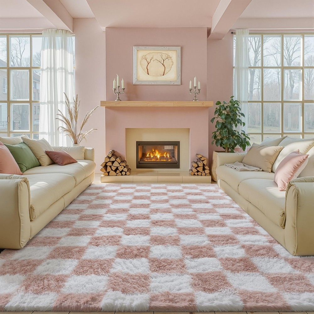 Pink and White Checkered Shag Rug 8x10 Washable Modern Living Room Carpet