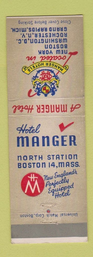 Matchbook Cover - Hotel Manger Boston MA