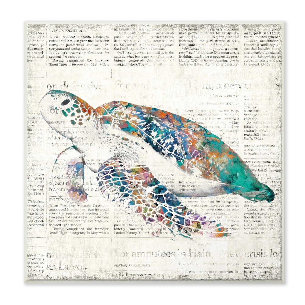 Stupell Multi Colored Sea Turtle on Aged Newspaper Wall  12 x 12