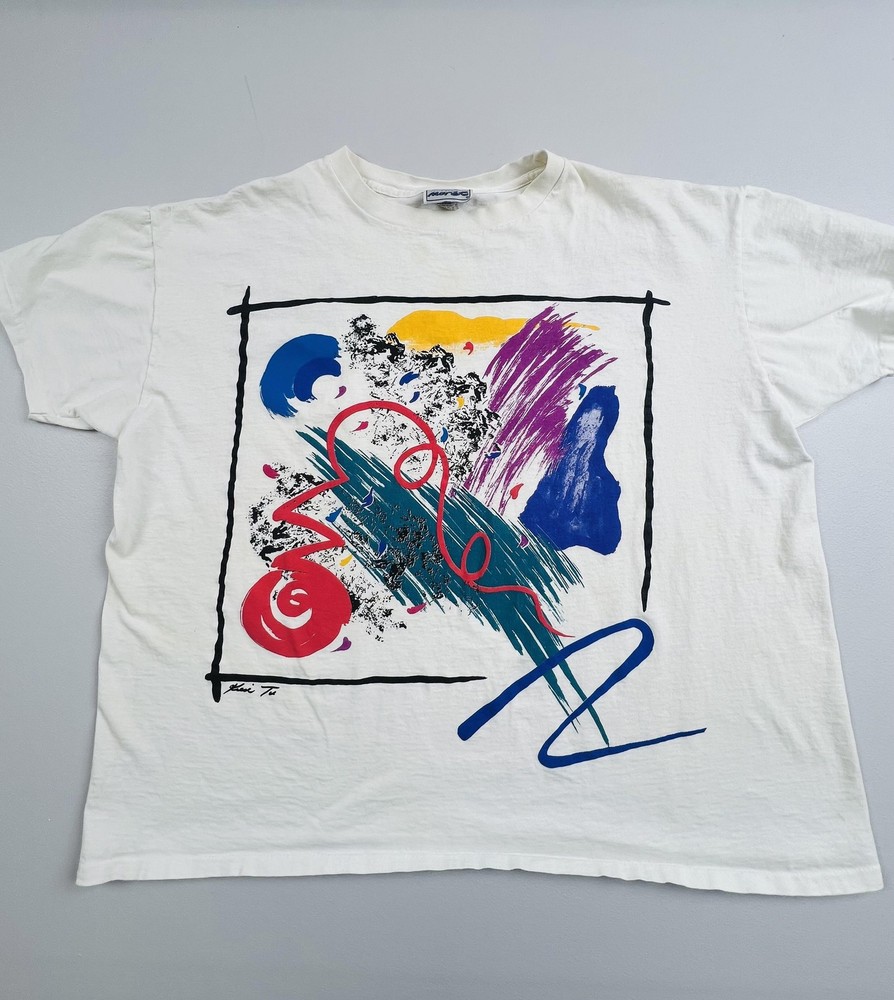Vintage Jacques Moret Shirt Mens White Abstract Art Graphic Tee USA VTG Read-image