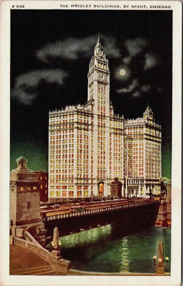 Postcard Illinois Chicago Wrigley Building Night by Michigan Blvd Bridge