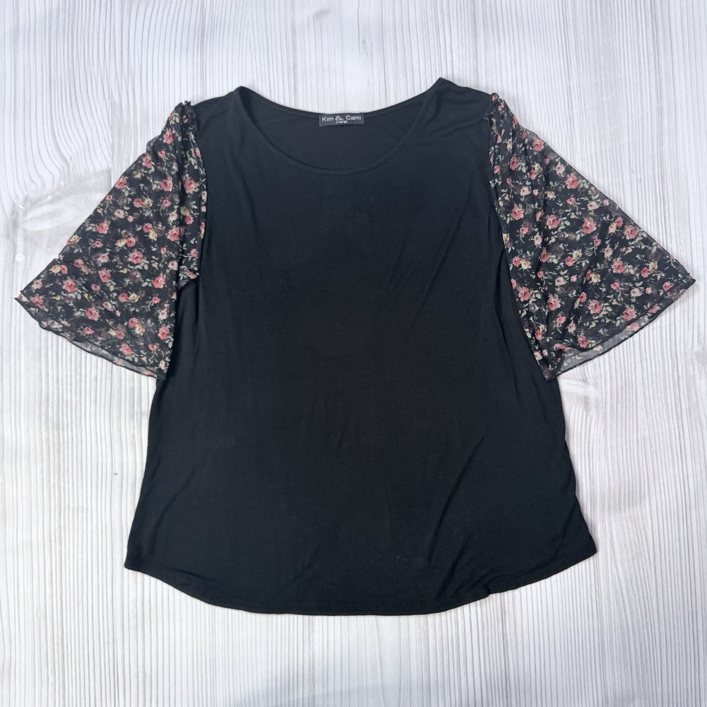 Kim & Cami Black Top XL Sheer Floral Flutter Sleeves Women’s Blouse