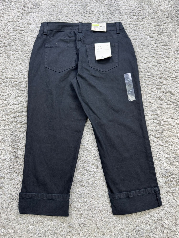 Style & Co Jeans Women 4 Petite Deep Black Mid Rise Curvy Fit Cuffed Capri NWT