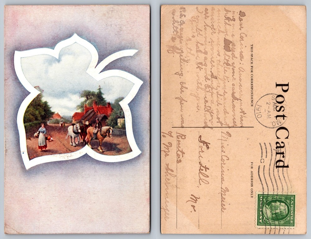 Pastoral Farm Scene Horse Cart Village Road Postcard