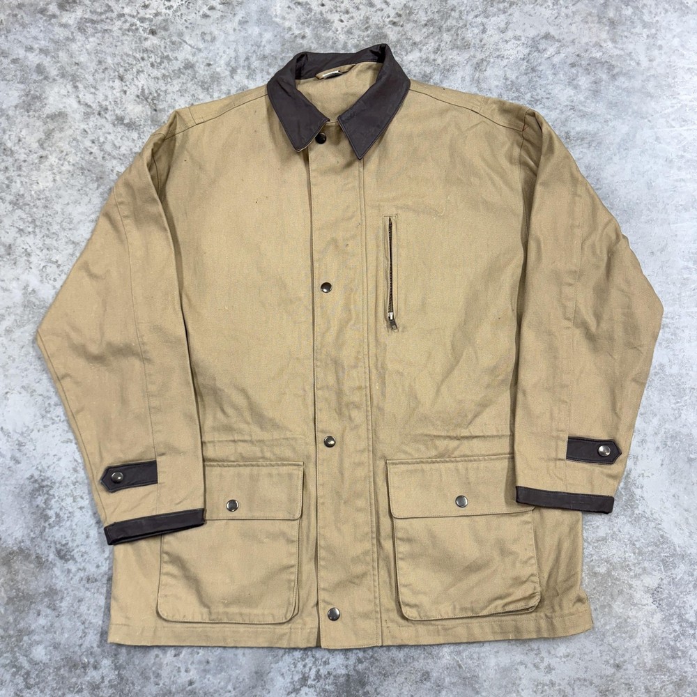 Canvas Chore Barn Coat Jacket Mens XL Tan Brown Leather Collar Workwear Field