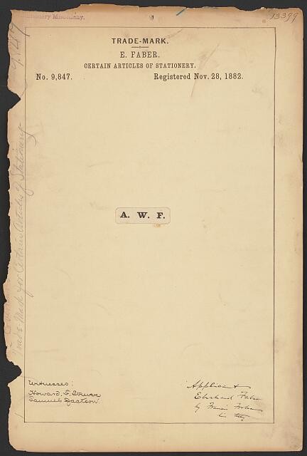 Photo:1882 E. Faber A.W.F Trade Mark Registration Stationery Document