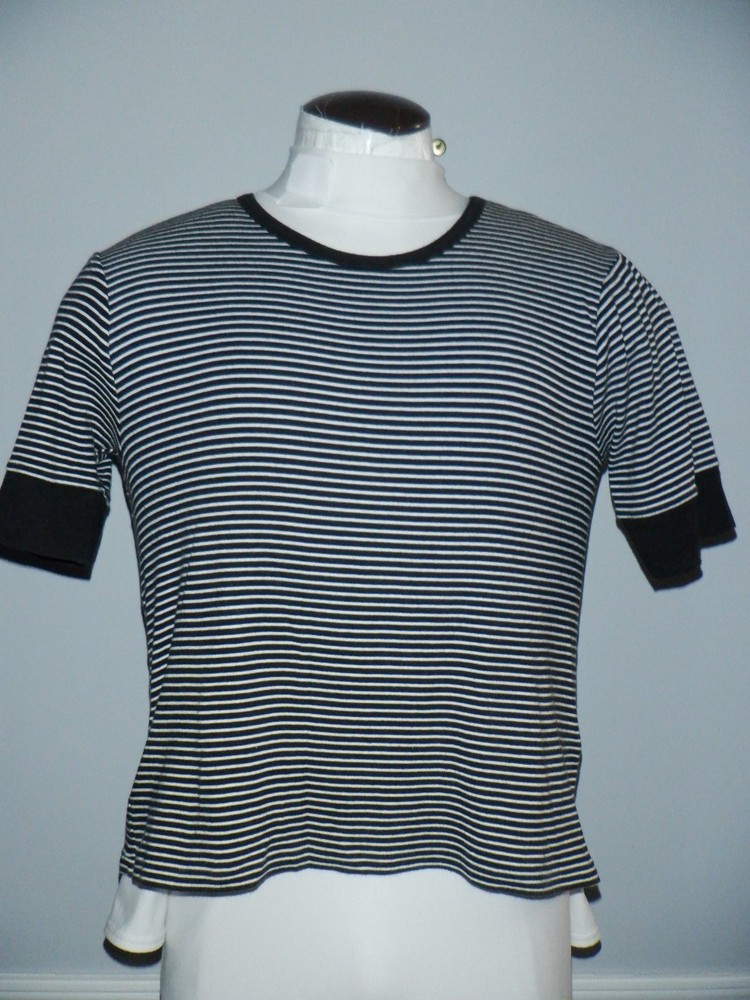 Women's POLO RALPH LAUREN Sz XL Black Striped 3/4 Sleeve Crew Neck Shirt PONY!