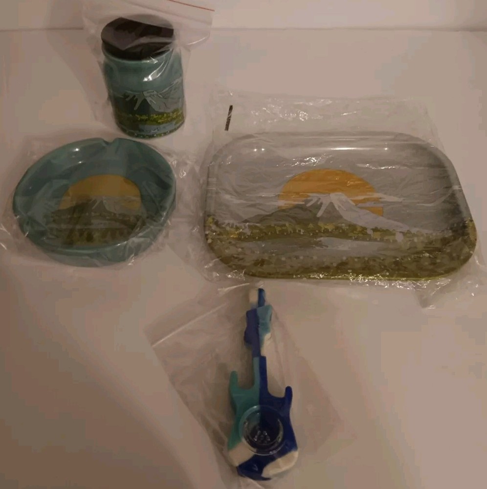 Ashtray(Ceramic), Stash Jar(Ceramic), Tray(Tin) Matching Mt. Scene, 1 Pipe...