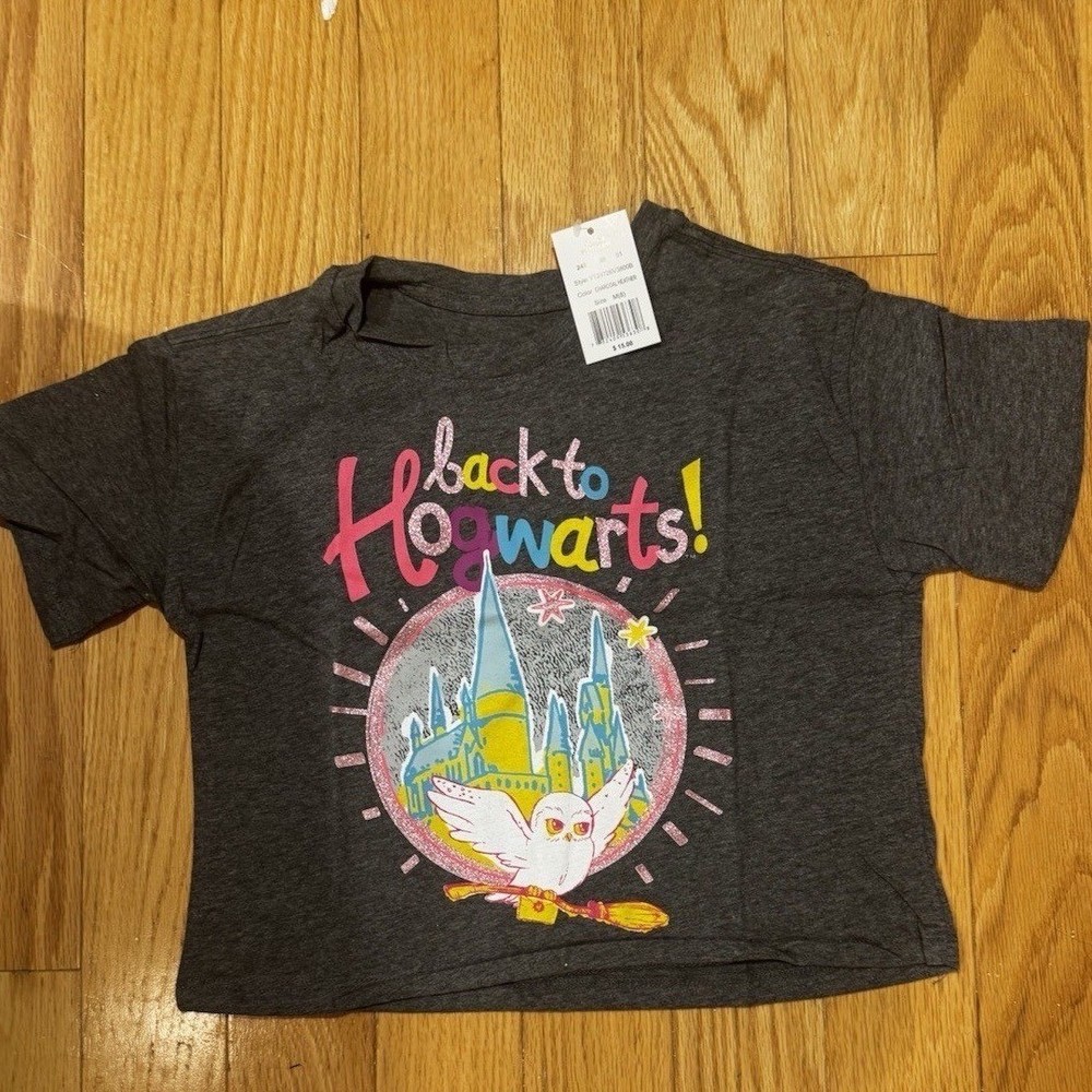Harry Potter  NWT Girls Oversized Crop Top Size  8 Medium T-shirt Hogwarts Grey