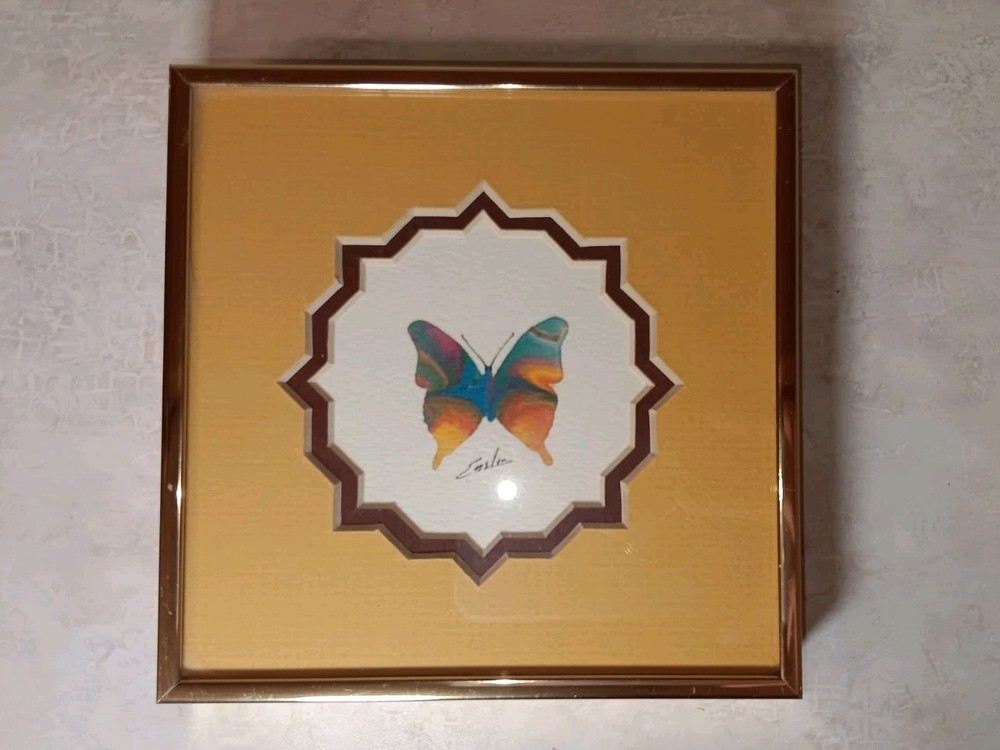 Small Boho Watercolor Butterfly Painting Matted and Signed Framed in Metal