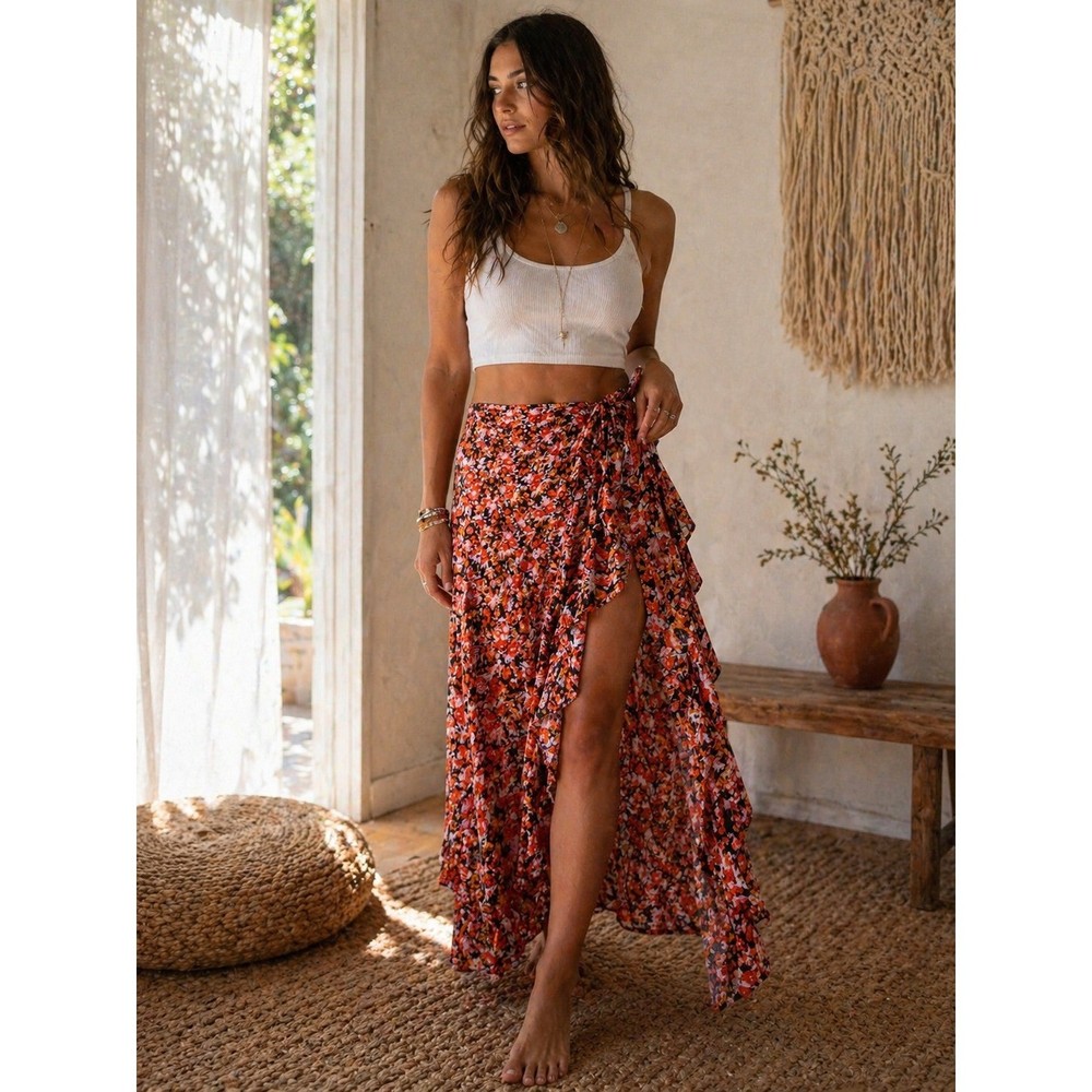 Intimately Free People Ethereal Wrap Maxi Skirt Large Orange Floral Ruffle Slit