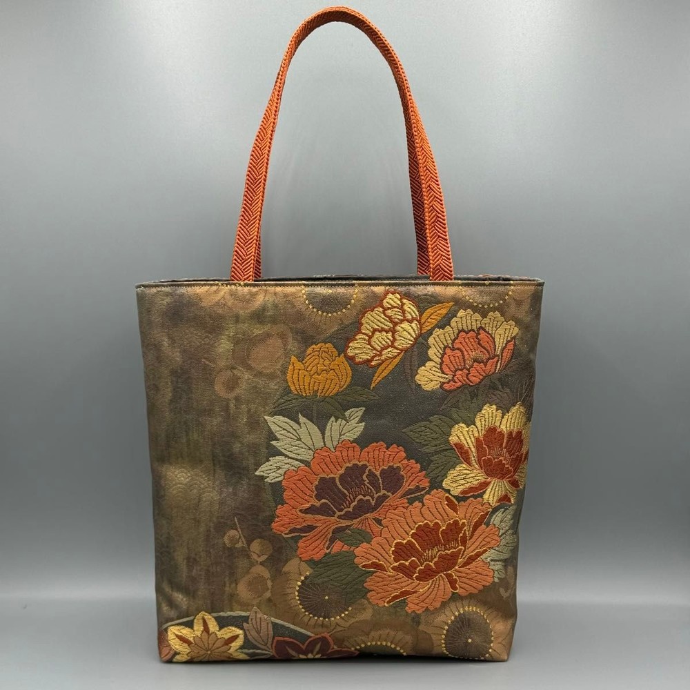 Japanese Kimono Obi Silk Tote Bag with Gold Pink Silver Embroidery Handmade Purse