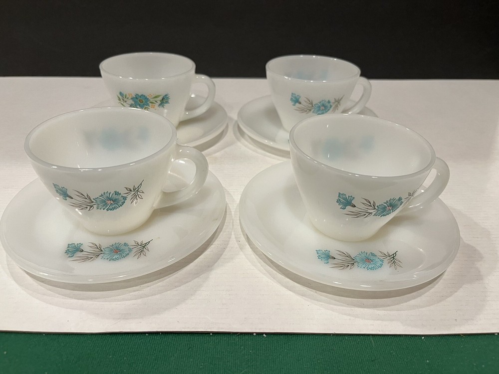 Fire King Blue Bonnie Floral Milk Glass Tea Cup and Saucer Set of 4