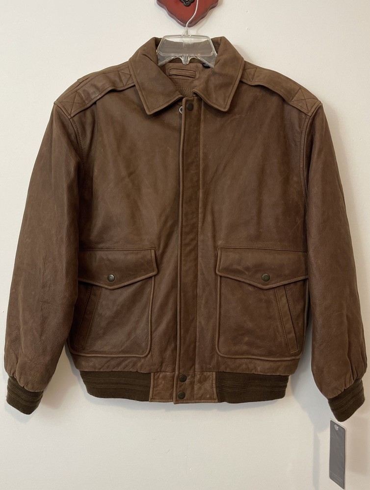 Roundtree & Yorke Mens Medium Brown Zip Leather Bomber Coat NWT! MZZ4