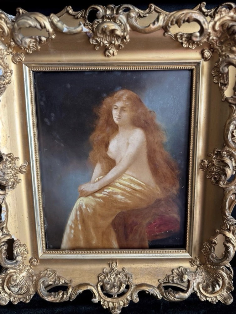 Antique Oil Painting After Angelo Asti Solitude Portrait Woman Gilt Frame