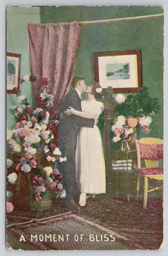 1915 A Moment of Bliss Loving Couple Kissing Flowers Postcard PA Postmark