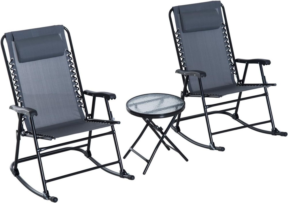 3-Piece Patio Rocking Bistro Set with Folding Chairs & Glass Table