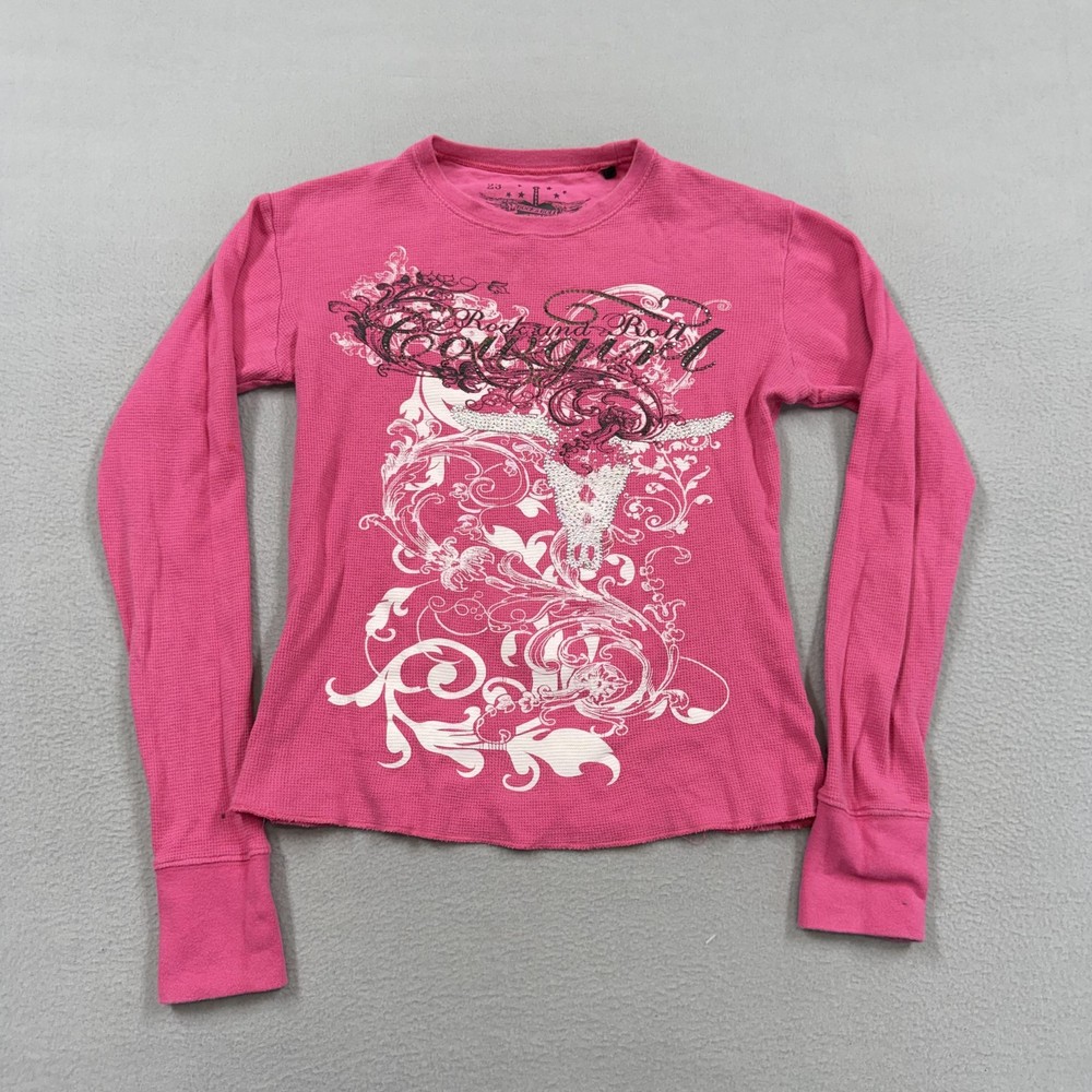 Rock & Roll Cowgirl Shirt Womens Medium Pink Thermal Long Sleeve Rhinestone