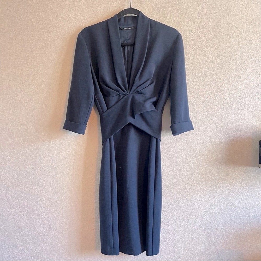 Black Halo Navy Blue Sheath V Neck Collared Twist Front Dress Womens Size 8