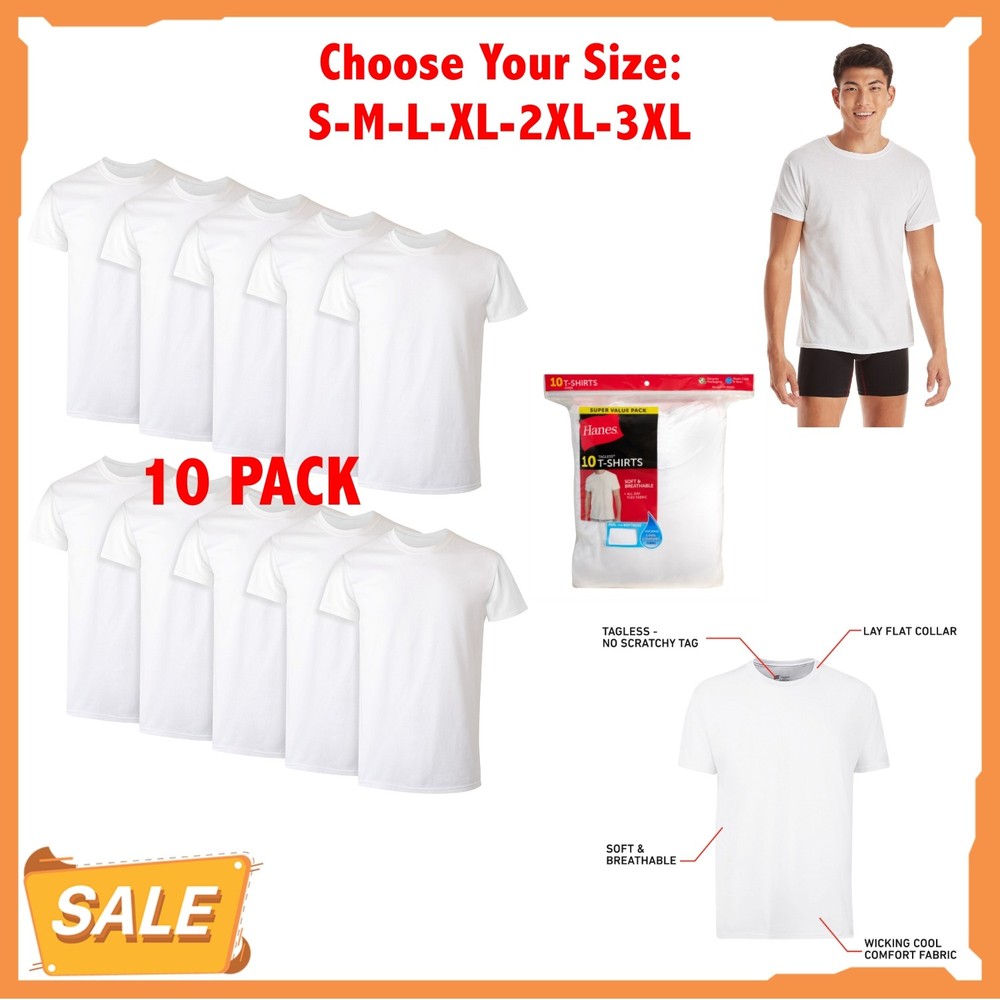 10 Pack Hanes Men's Super Value Pack White Crew T-Shirt Undershirts, Comfortable