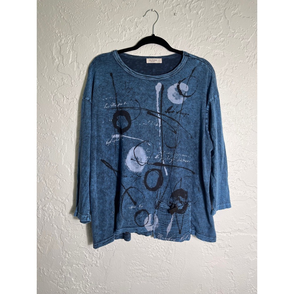 Jess & Jane Abstract Graphic Cotton Top Art Pocket 3/4 Sleeve Women's L-image
