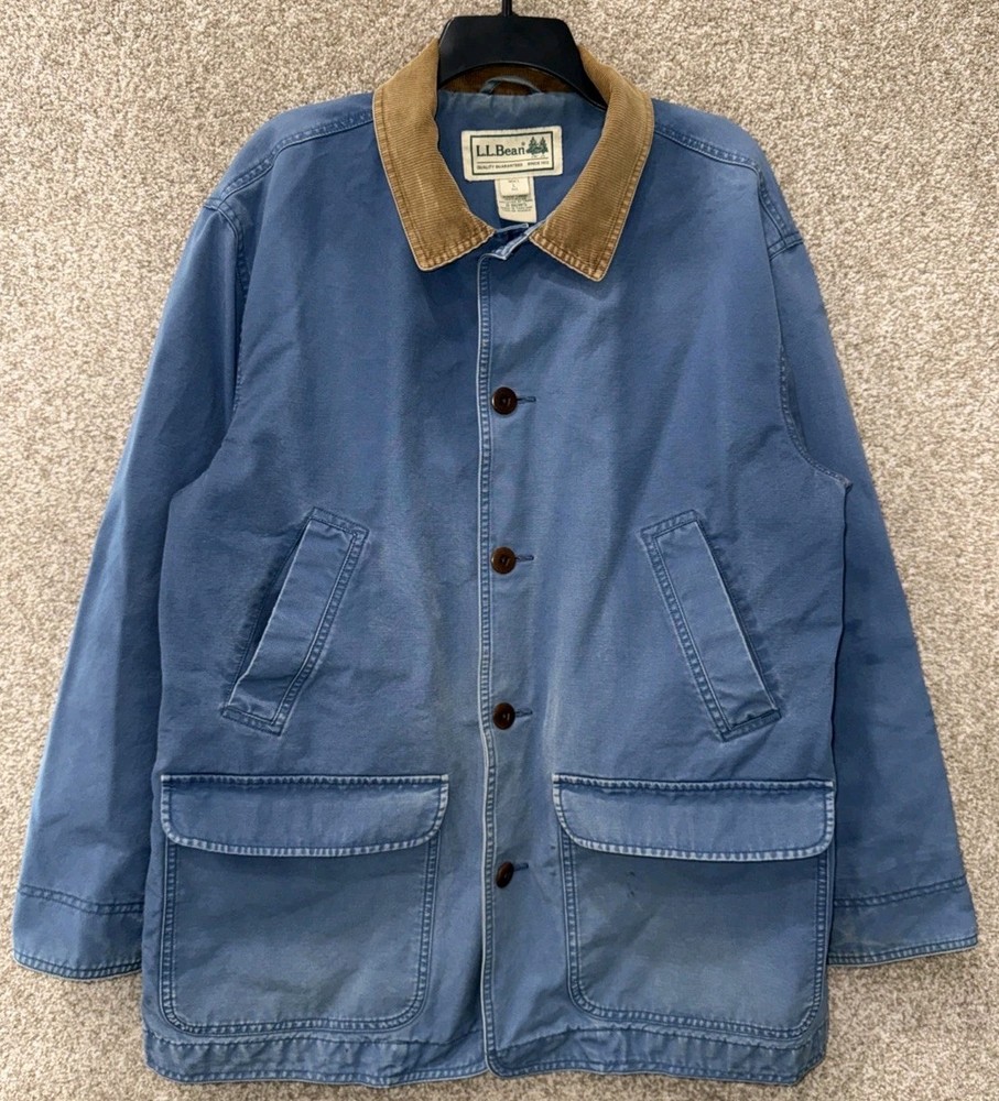 LL Bean Mens Large Blue Canvas Lined Barn Chore Coat Jacket Corduroy Trim Lined