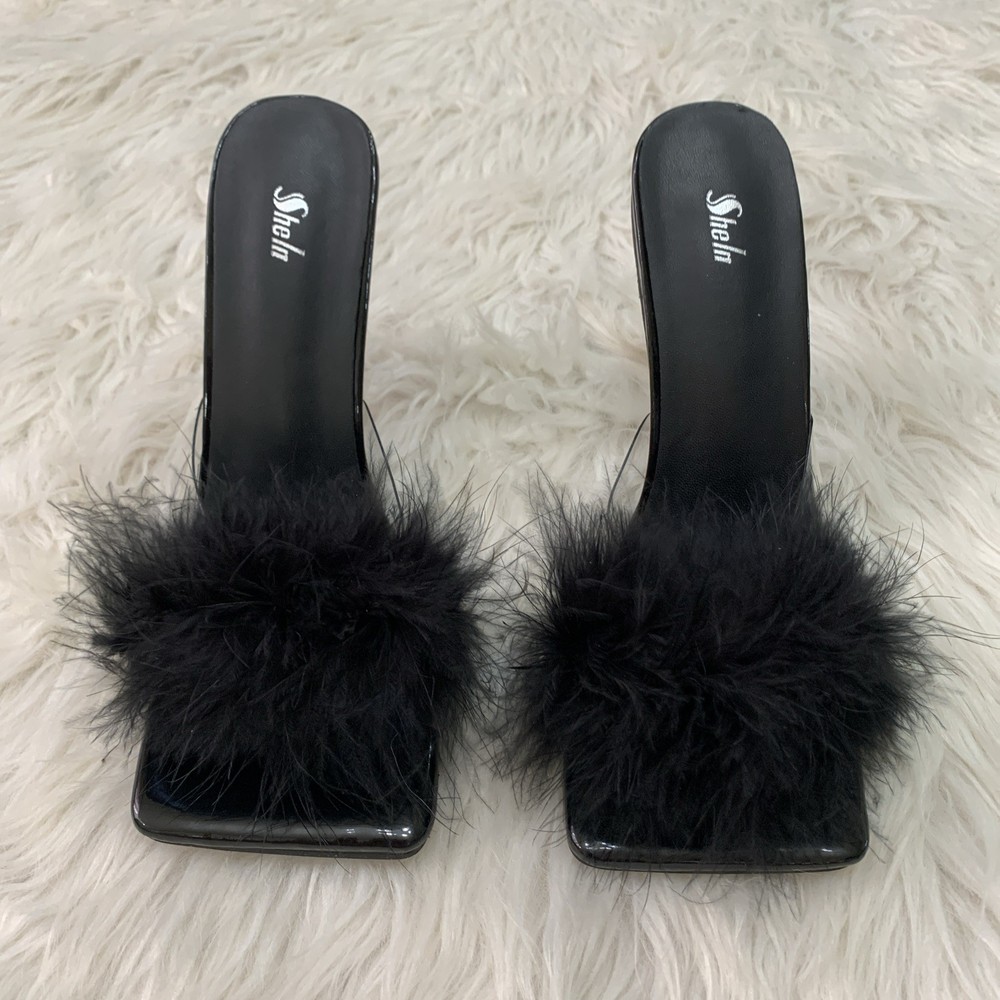 black clear fluffy 4.5” heels 7.5