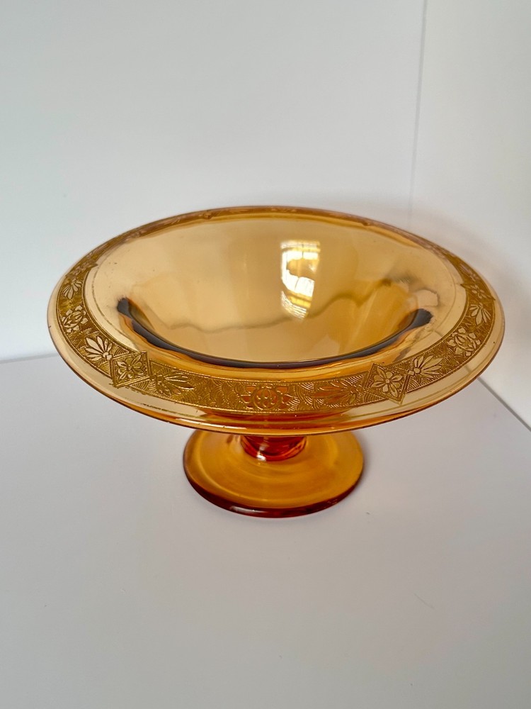 Vintage Amber Glass Footed Compote Bowl Etched Floral Gold Rim Jewelry Display
