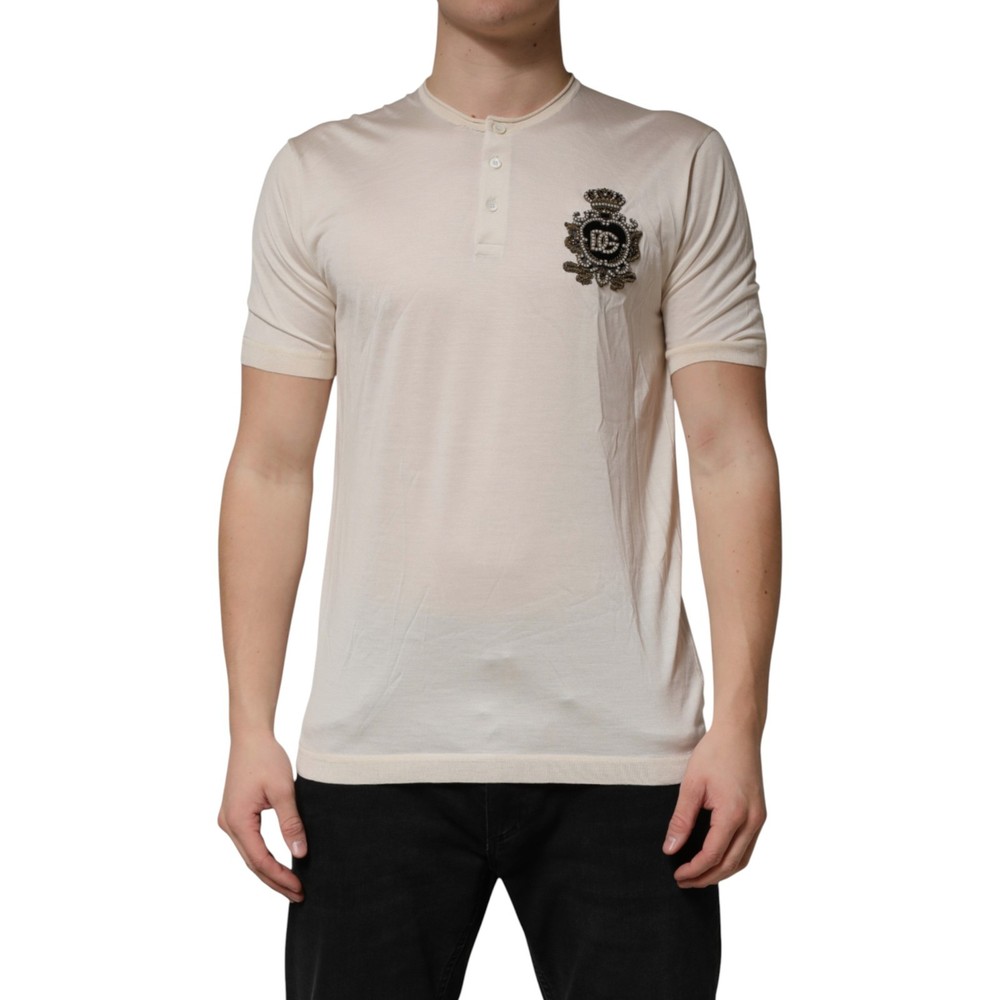 DOLCE & GABBANA T-shirt Off White Silk Logo Patch Men Henley IT50/US40/L 1200usd