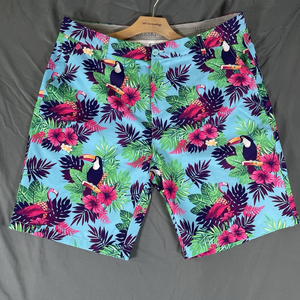 Hreski Golf Shorts Men's Size 38 Floral Multicolor Tucan Tropical Aloha Beach