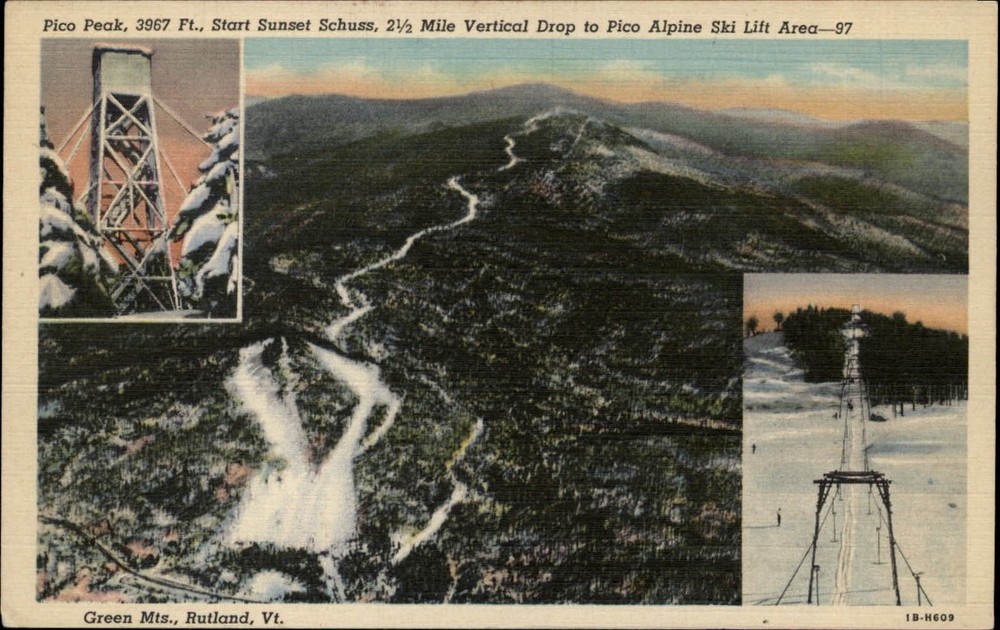 Rutland Vermont Pico Peak aerial Schuss drop to ski lift mailed 1951 postcard