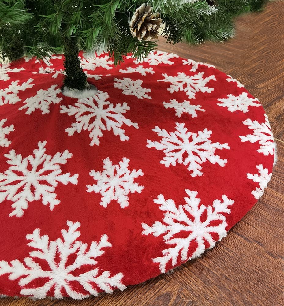 48-Inch White Faux Fur Christmas Tree Skirt with Red Snowflake Holiday Party Decor