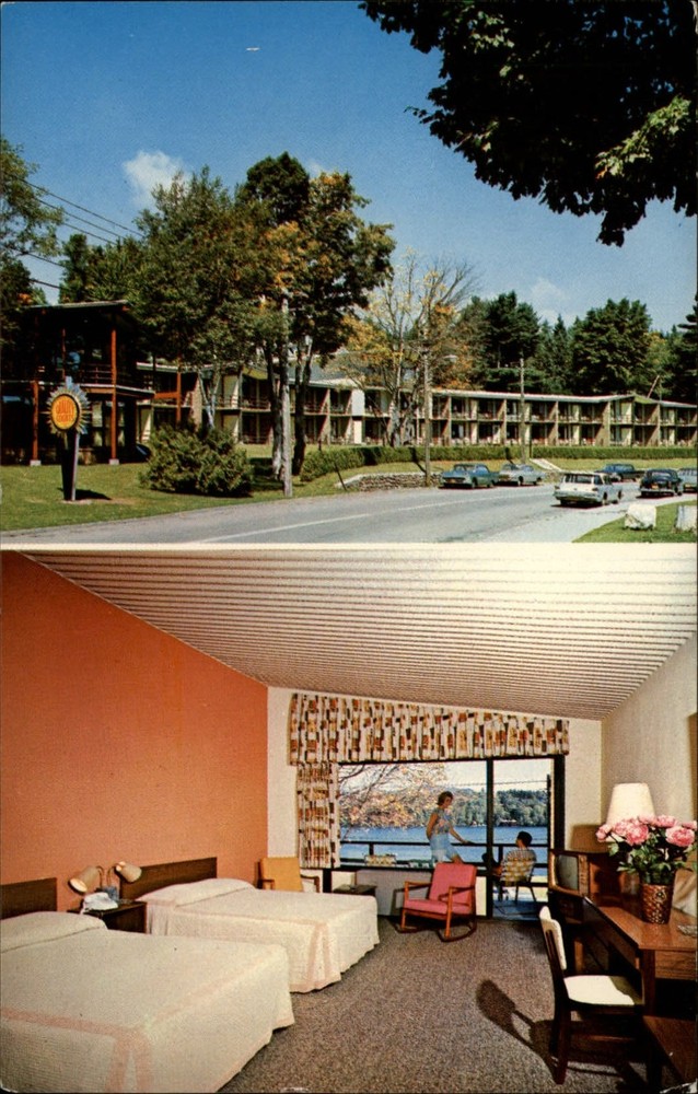 Lake Placid New York ~ Lakeside Motor Inn ~ two views ~ 1950s TV ~ postcard