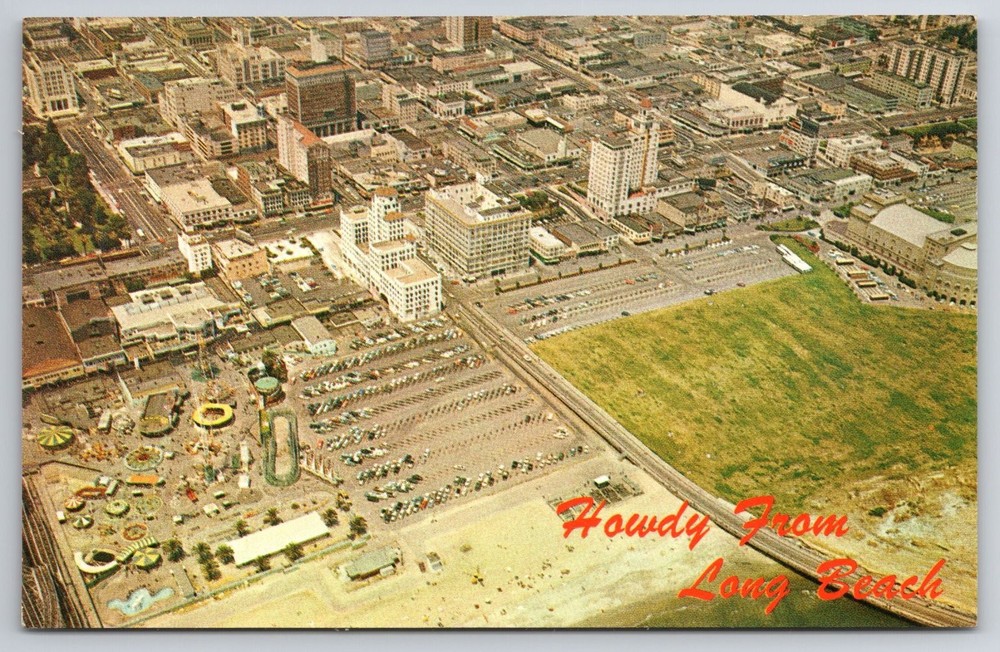 Long Beach CA Aerial Postcard Nu-Pike Amusement Park Municipal Auditorium