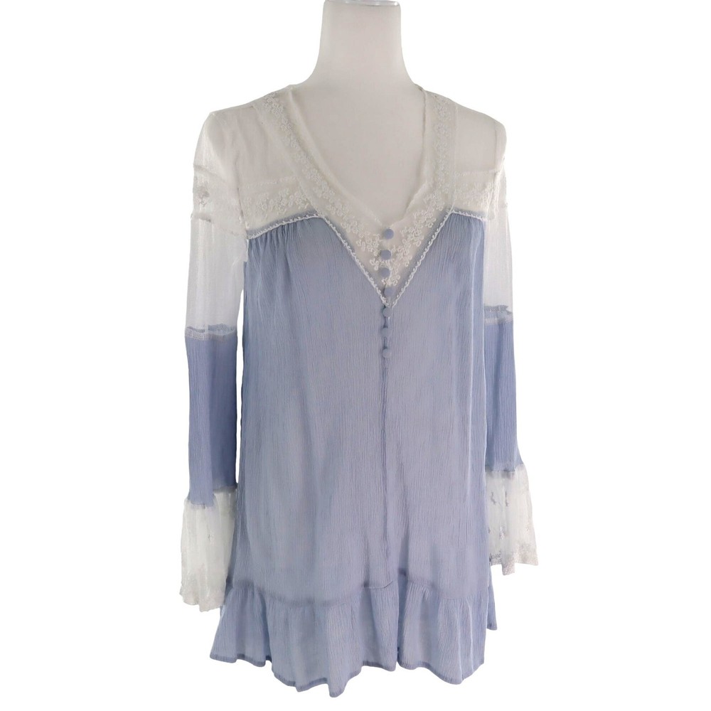 Tassels N Lace Babydoll Tunic Top Womens S Blue Ruffled Hem Boho Chic Romantic