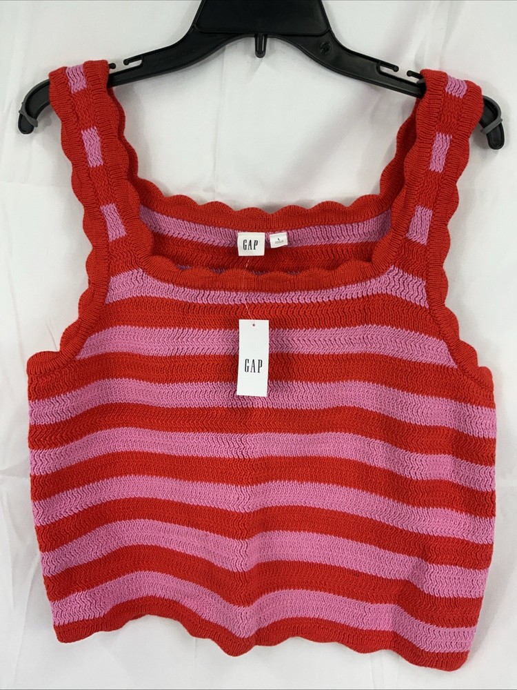 GAP Womens Striped Knit Tank Top Large Pink Red Cotton Beachy