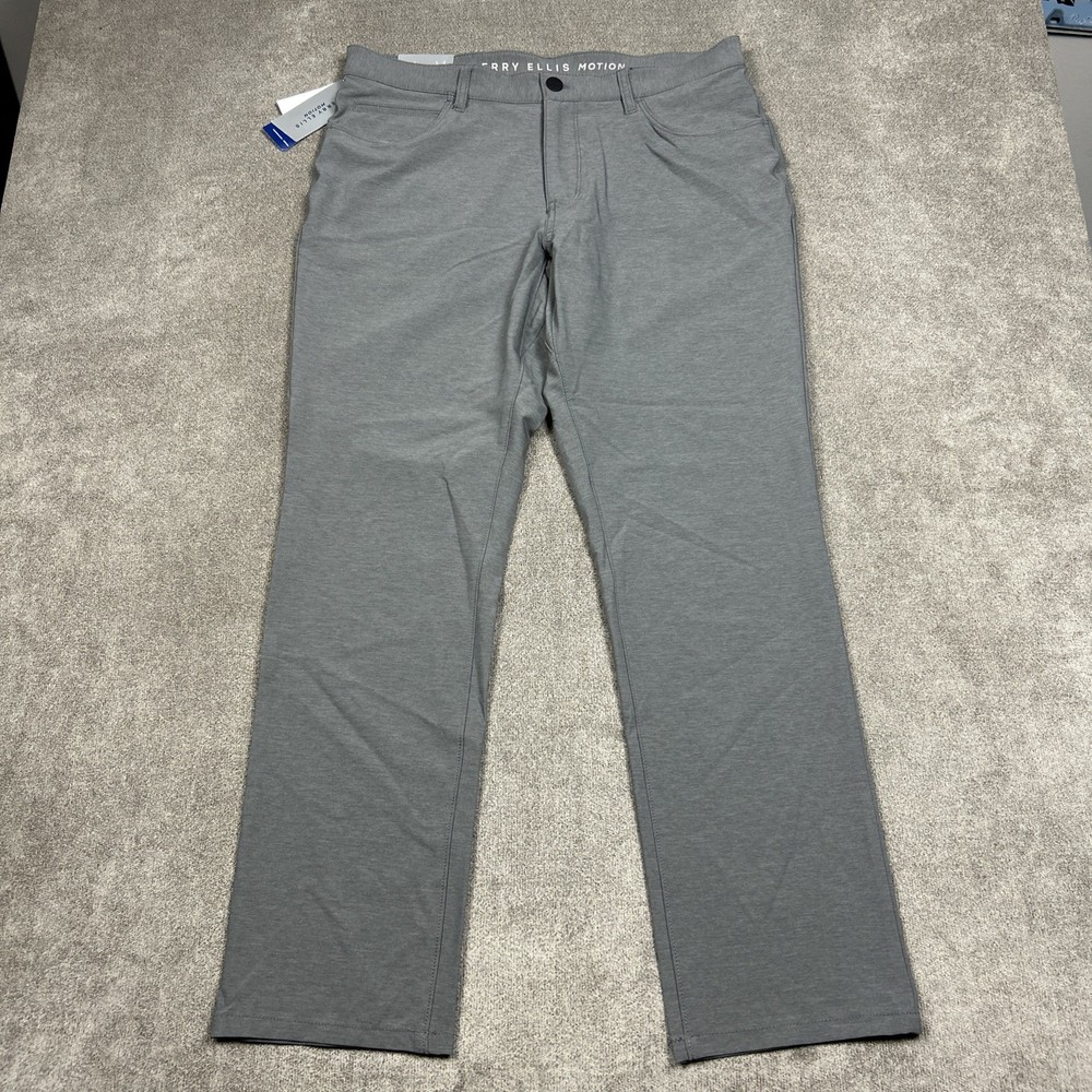 NEW Perry Ellis Pants Mens 34x30 Motion 5-Pocket Chino Gray Performance Stretch