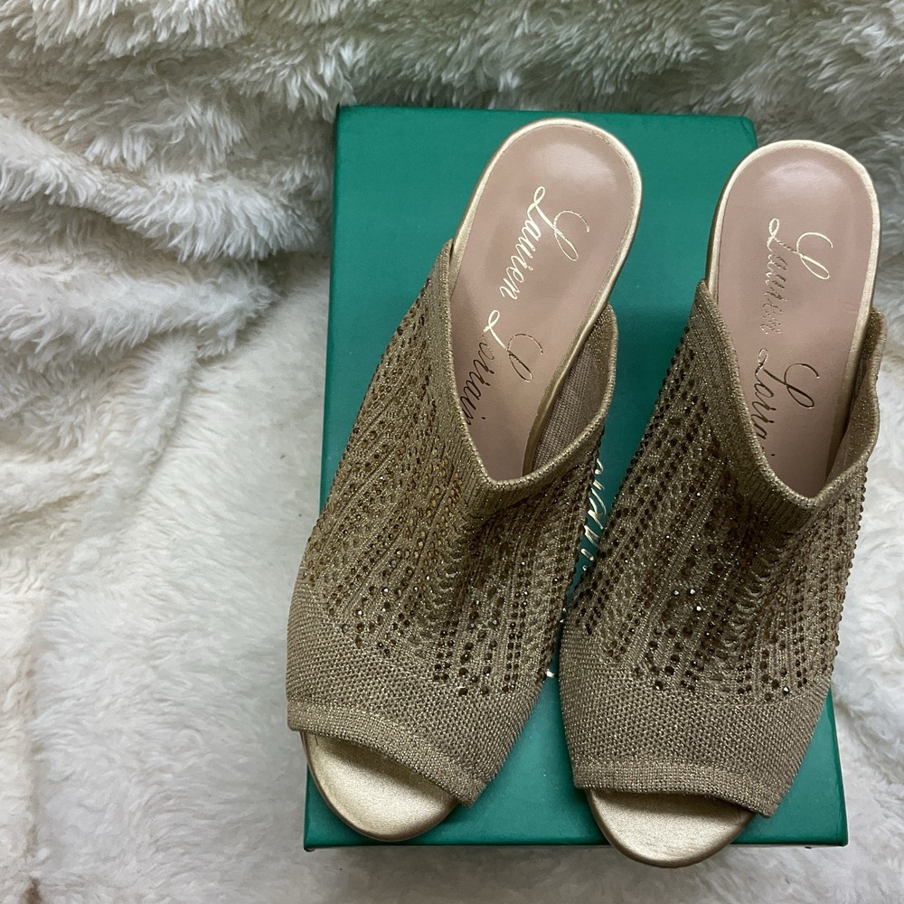 Lauren Lorraine Martha Rhinestone Stretch Wedge Gold Women's size 7