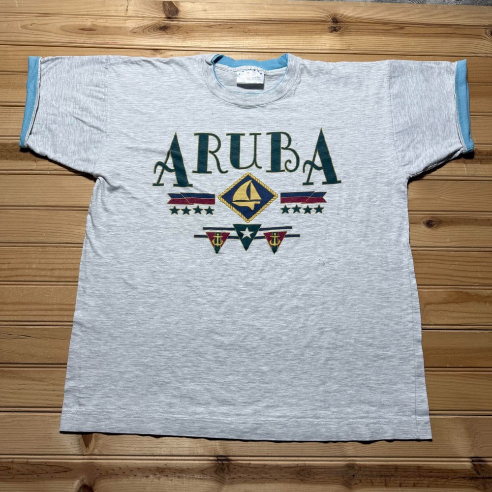 Vintage 90s Aruba Nautical Sailing Boat Anchor Ringer Graphic T-Shirt - Medium