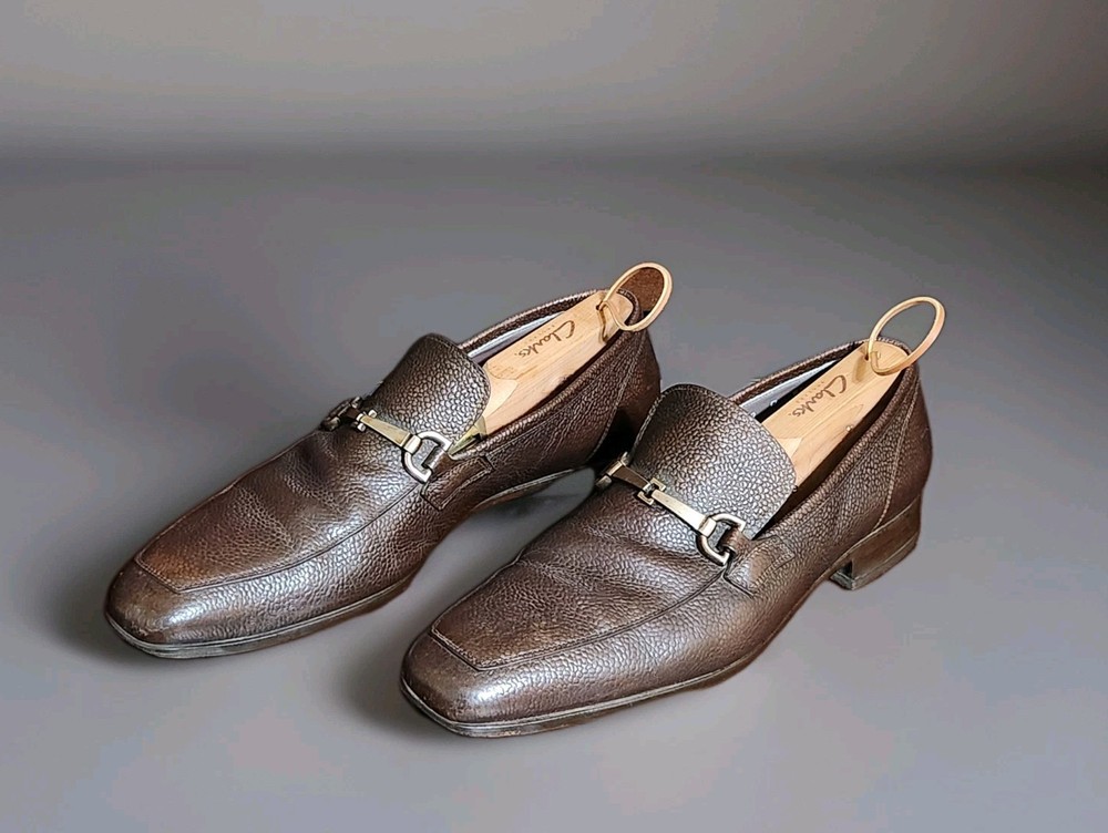 Mens Santoni Italy Brown Bit Loafers Pebbled Leather Slip On Shoes Size 9.5D