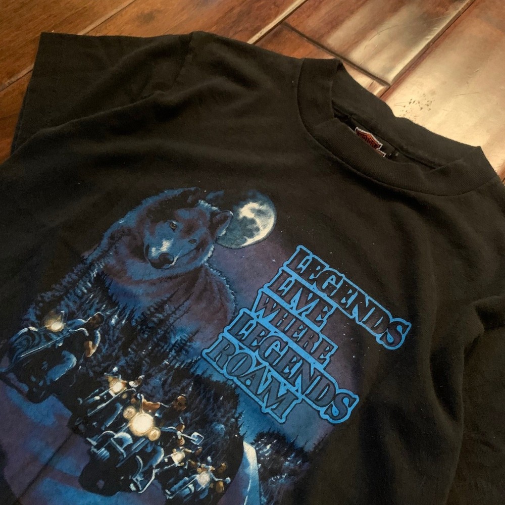 Vintage 1994 Harley Davidson Holoubek Shirt Wolf Legends Roam Black 14-16 Kids S