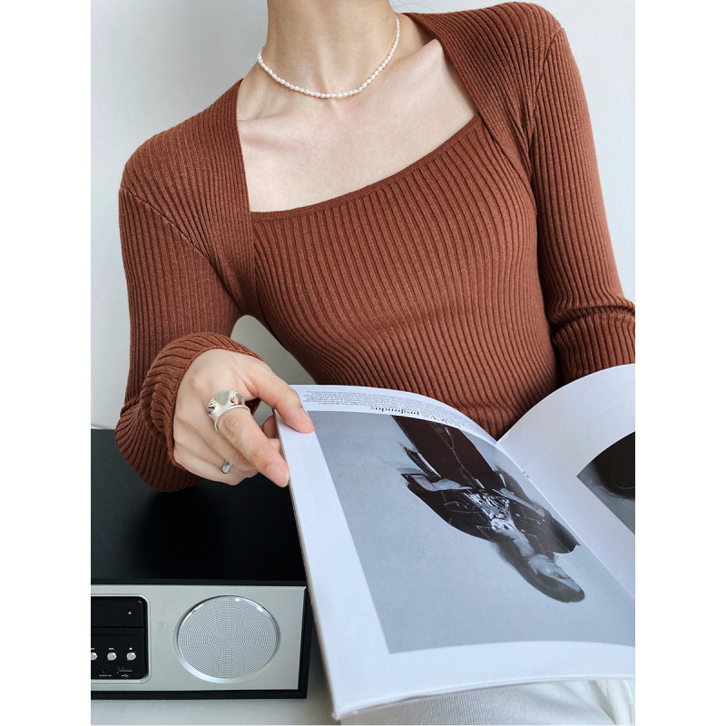 Women's Fashion Trend Long-sleeved Square Neck Knit Shirt Bottoming Shirt Top
