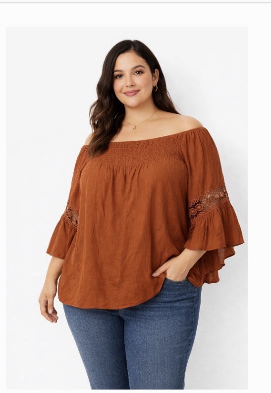 Cato Sz 26-28W Rust Boho Peasant Blouse Womens Off Shoulder Crochet Bell Sleeve