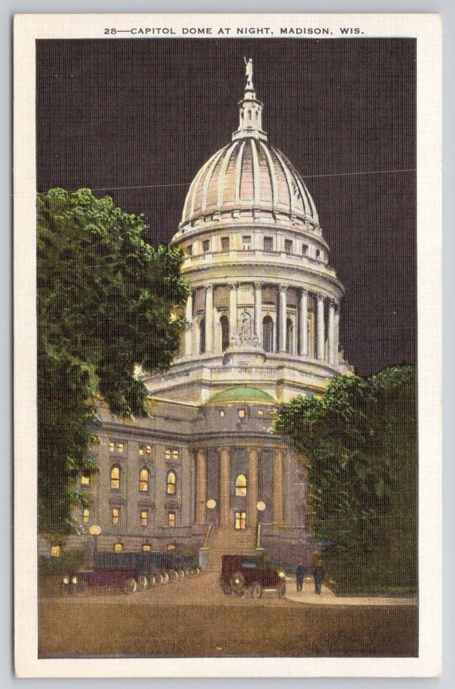 Madison WI Capitol Dome Night Postcard E.A. Bishop Vintage Wisconsin
