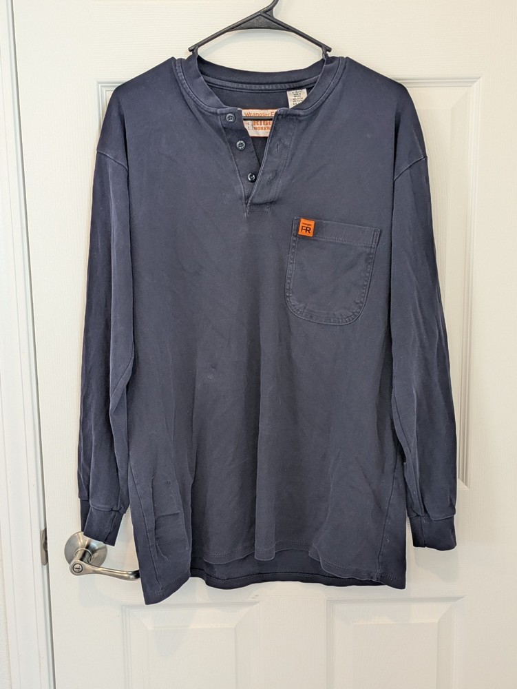 Wrangler Riggs FR Shirt Mens L Navy Flame Resistant Henley Workwear Long Sleeve
