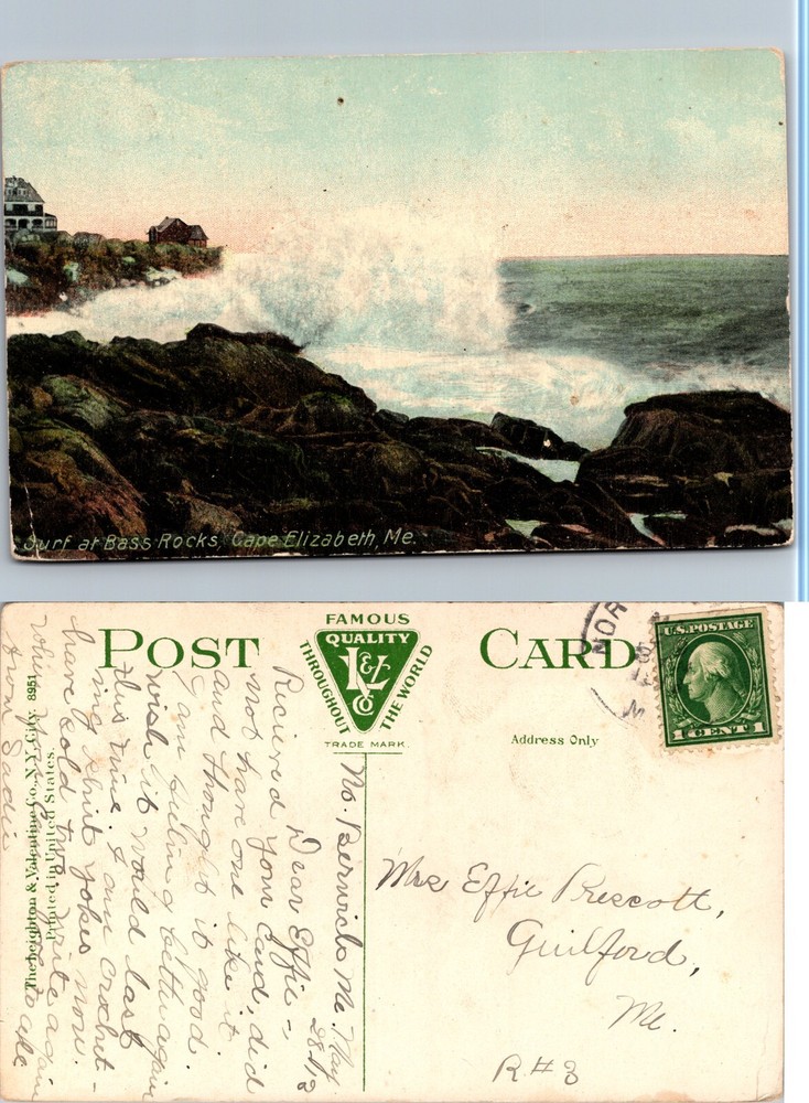 Surf at Bass Rocks Cape Elizabeth Maine ME Postcard