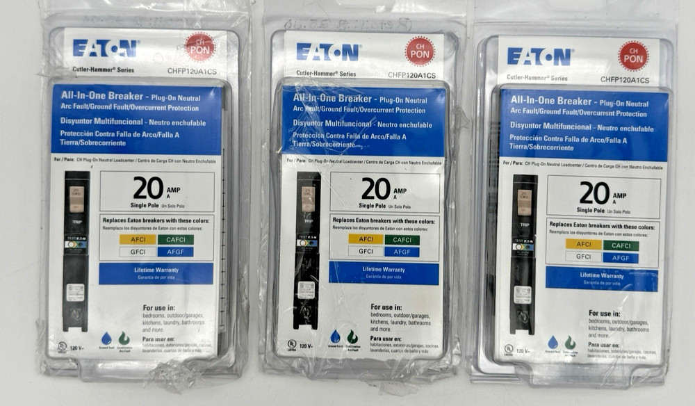 LOT 3 Eaton CHFP120A1CS 20A Single Pole All-In-One Breakers Open Box
