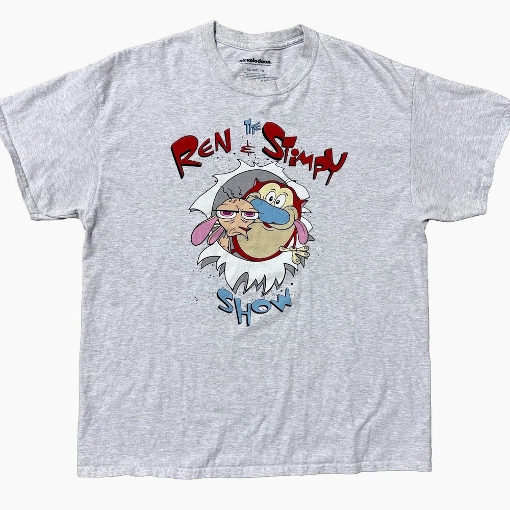 Ren & Stimpy Show T-Shirt XL Graphic Tee Gray 90s Y2K Retro Cartoon Nickelodeon