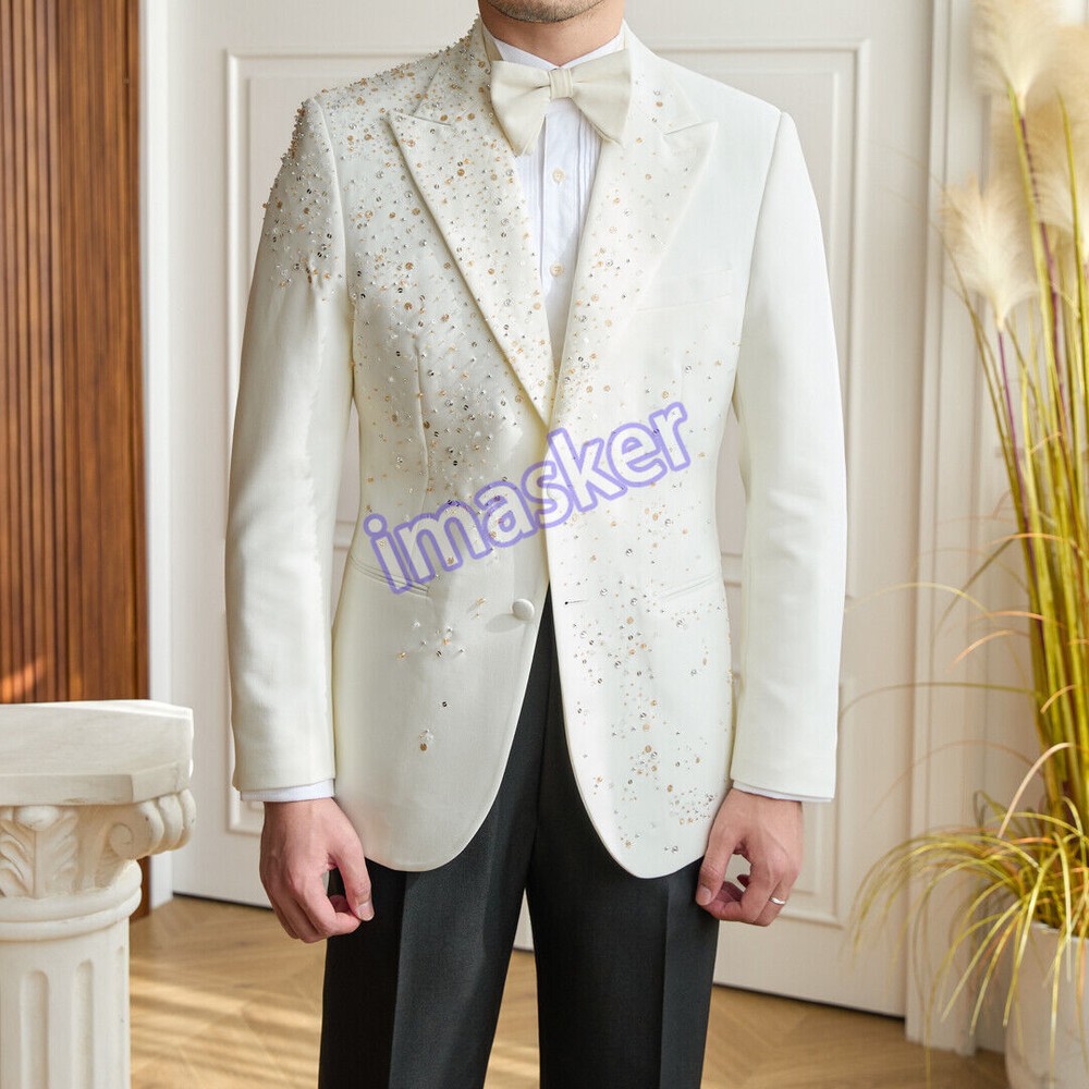 Men's White Beaded Slim Fit Formal Suit Jacket for Banquet Host