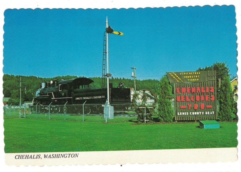 Vintage 1960'S Train At Entrance Chehalis Welcomes You Washington State Postcard